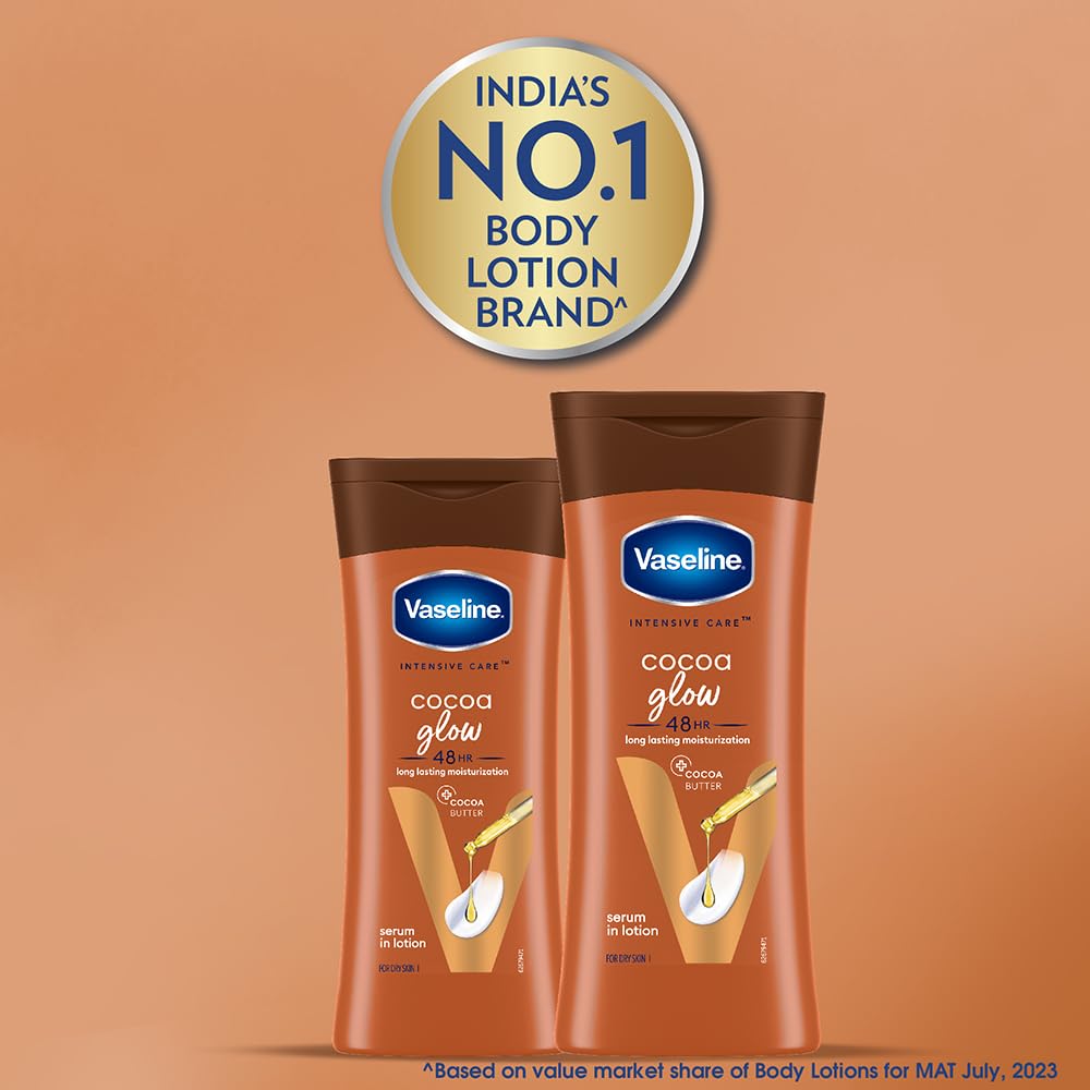Two Vaseline Cocoa Glow body lotions on an orange background with a badge indicating 'India's No.1 Body Lotion Brand'.
