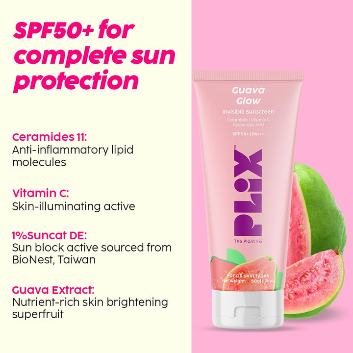 Plix Guava Glow Invisible Dewy Sunscreen with SPF50+ PA+++ | 50g
