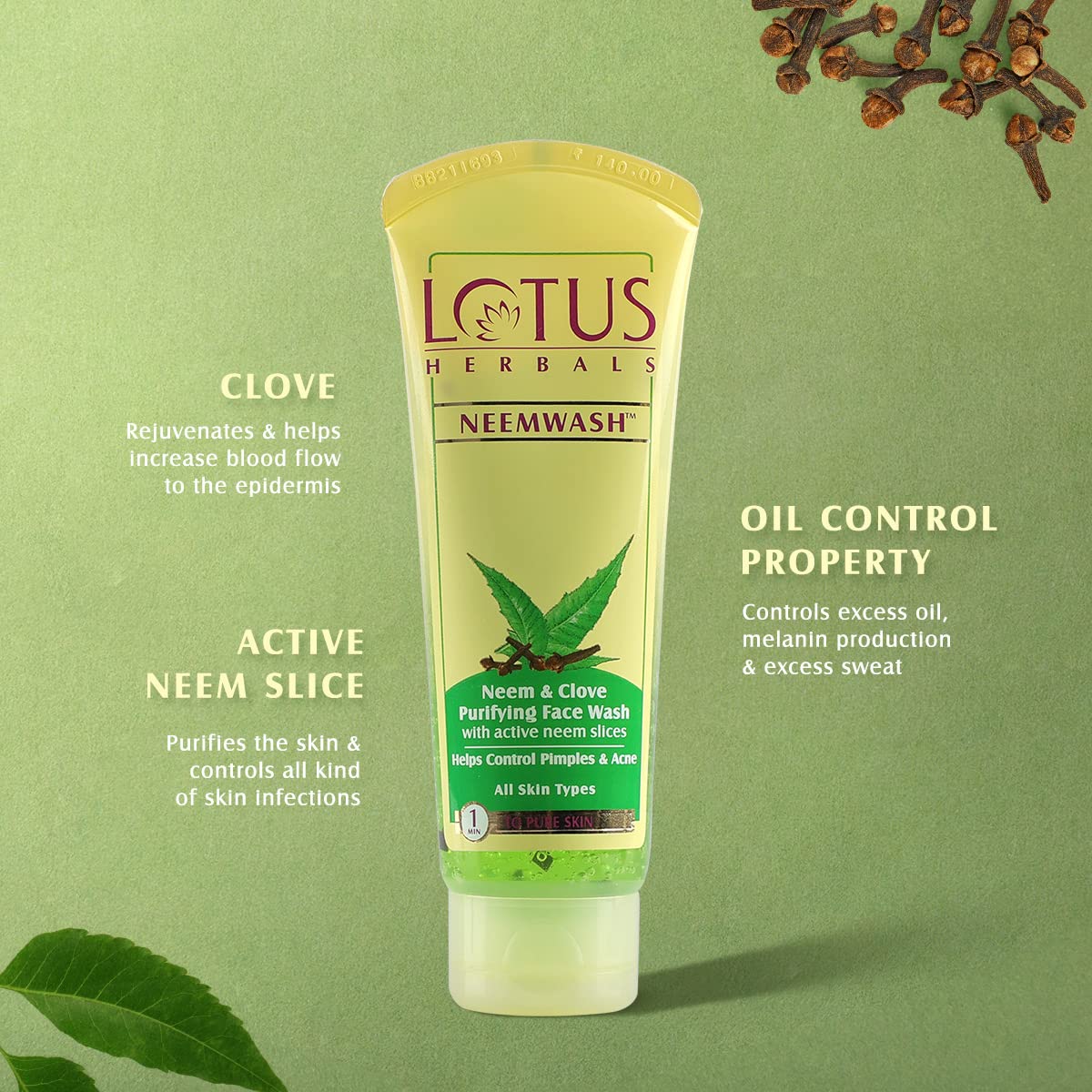 Lotus Herbals Neem & Clove Purifying Face Wash with Active Neem Slices, 80g
