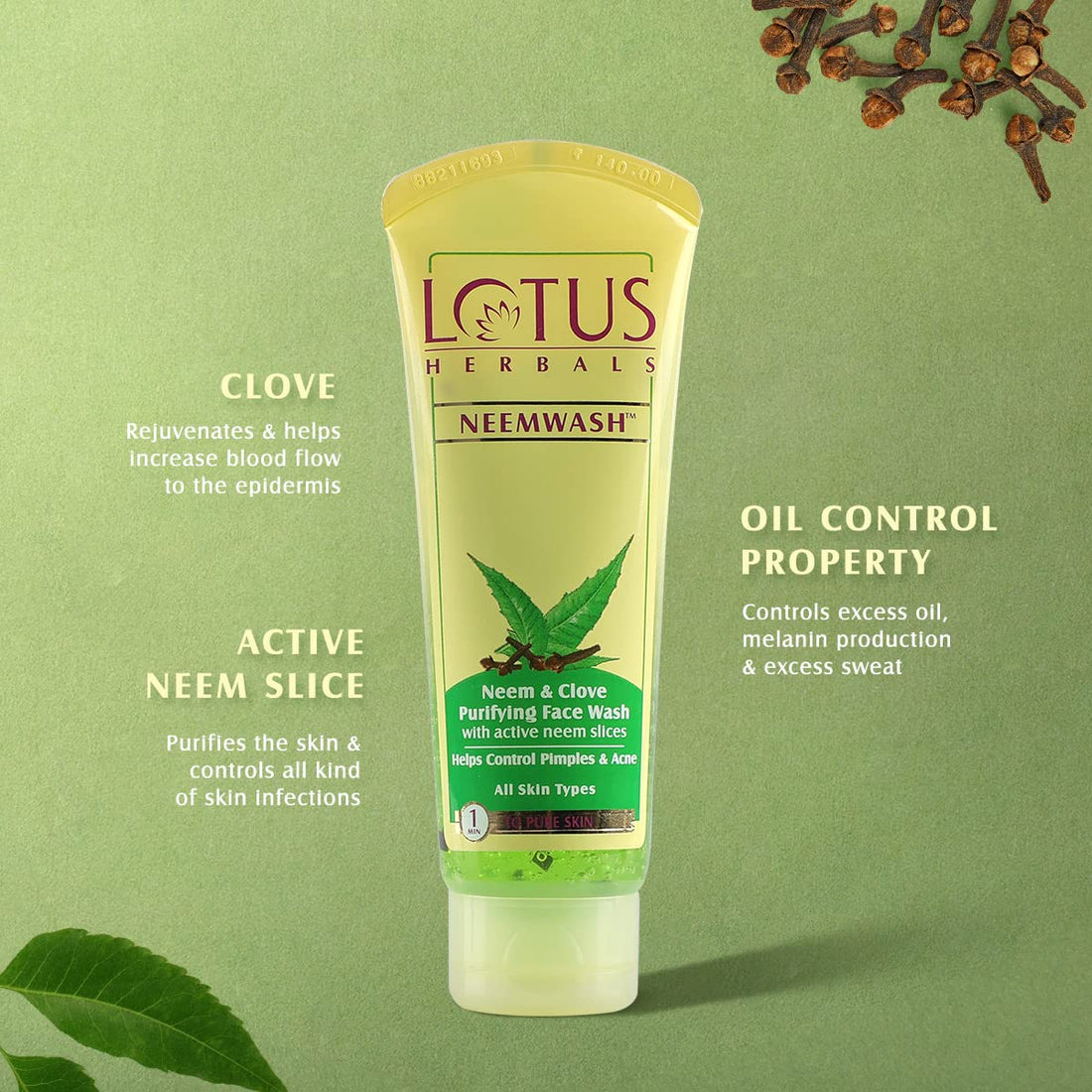 Lotus Herbals Neem & Clove Purifying Face Wash with Active Neem Slices, 80g