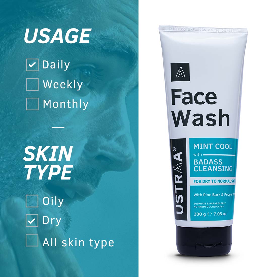 Ustraa Face Wash - Dry Skin (Mint Cool), 200g