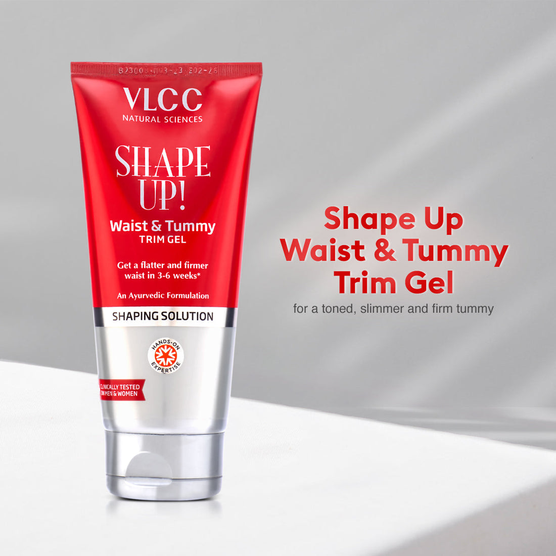 VLCC Shape Up Waist & Tummy Trim Gel tube on a gray background