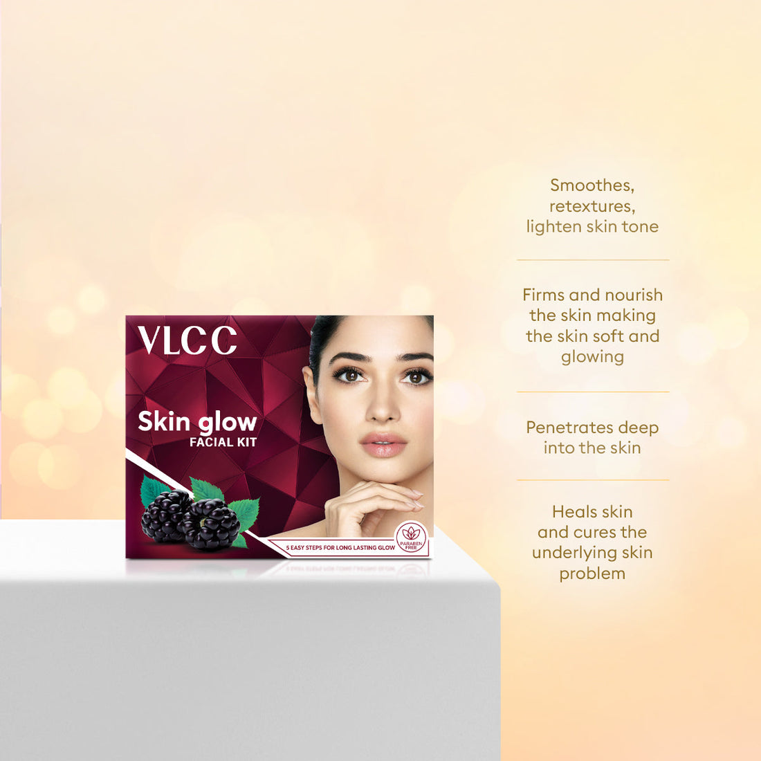 VLCC Skin Glow Facial Kit packaging with a woman's face on a beige background