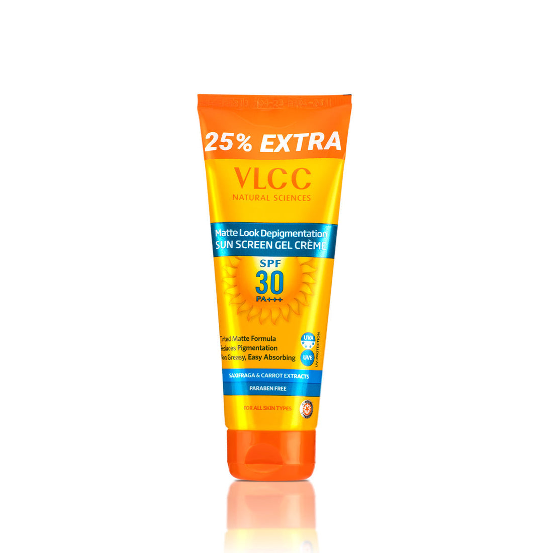 VLCC sunscreen gel cream tube with SPF 30 on a white background