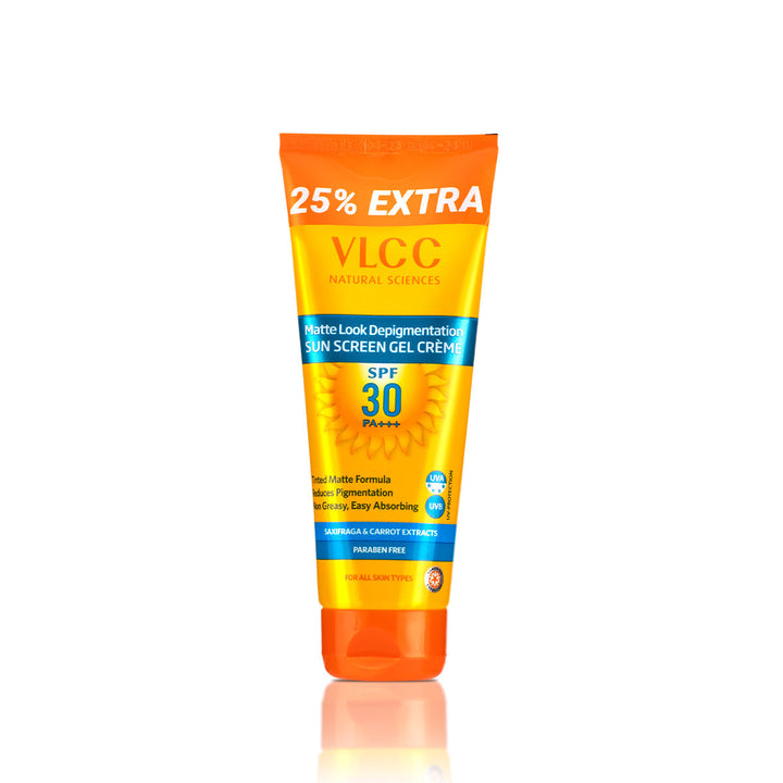 VLCC sunscreen gel cream tube with SPF 30 on a white background